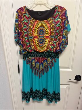Calessa Turquoise Midi Dress with Multicolor Sunburst Print